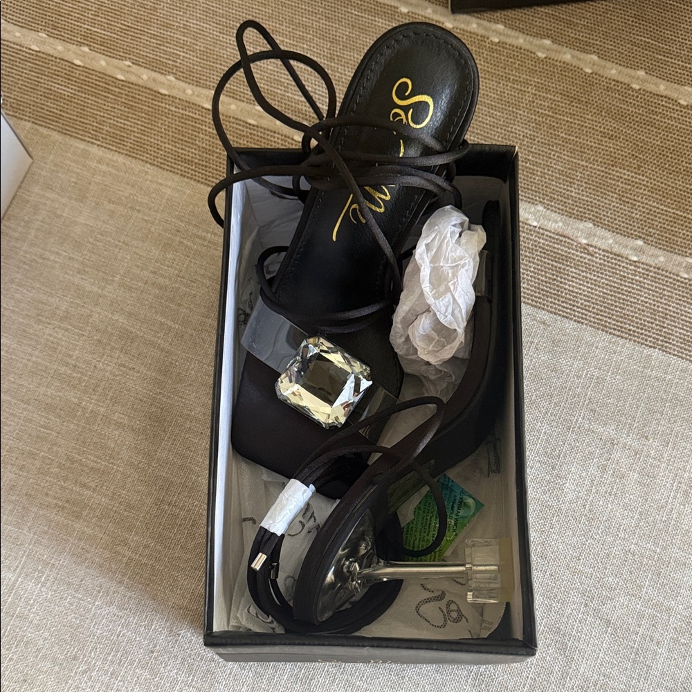 Black Lace-Up Sandal with Clear Jewel